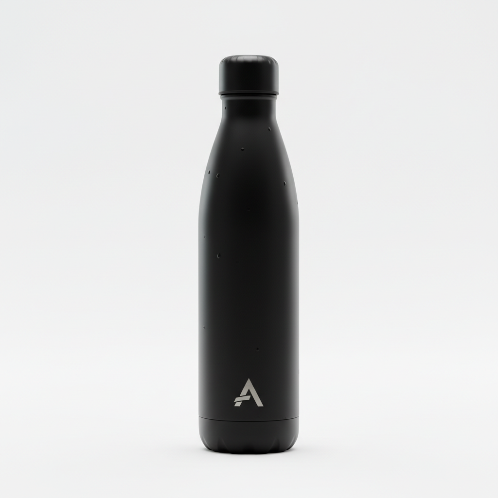 Matte black insulated stainless steel water bottle on white background
