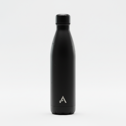 Matte black insulated stainless steel water bottle on white background